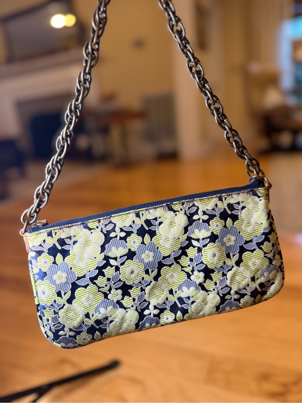 Vintage J.Crew 100% Silk Floral Jacquard Chain Shoulder Bag Y2K Baguette